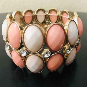 Etcetera Pink and Cream Faceted Stone Stretch Bracelet with Gold Tone